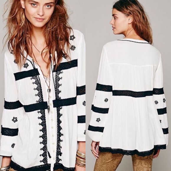 Free People Tops - NWT Free People Iris Boho Tunic Top Black White
